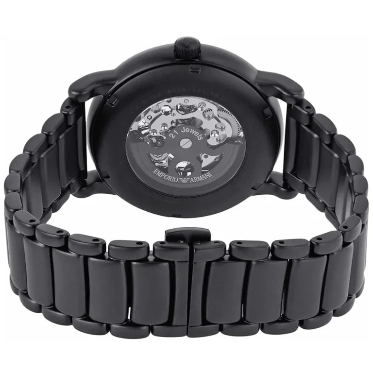 Exhibition case back of the Armani AR60045 showing the self-winding mechanical engine rotor