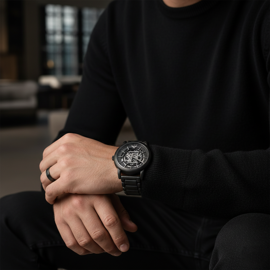 Extreme close-up of the premium matte black ion-plated finish on the Armani Luigi AR60045 case