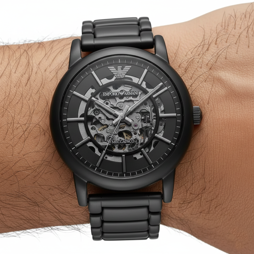 Close up of the AR60045 black skeleton dial showing the intricate mechanical movement and gears