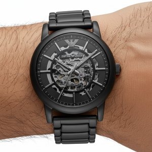 Close up of the AR60045 black skeleton dial showing the intricate mechanical movement and gears