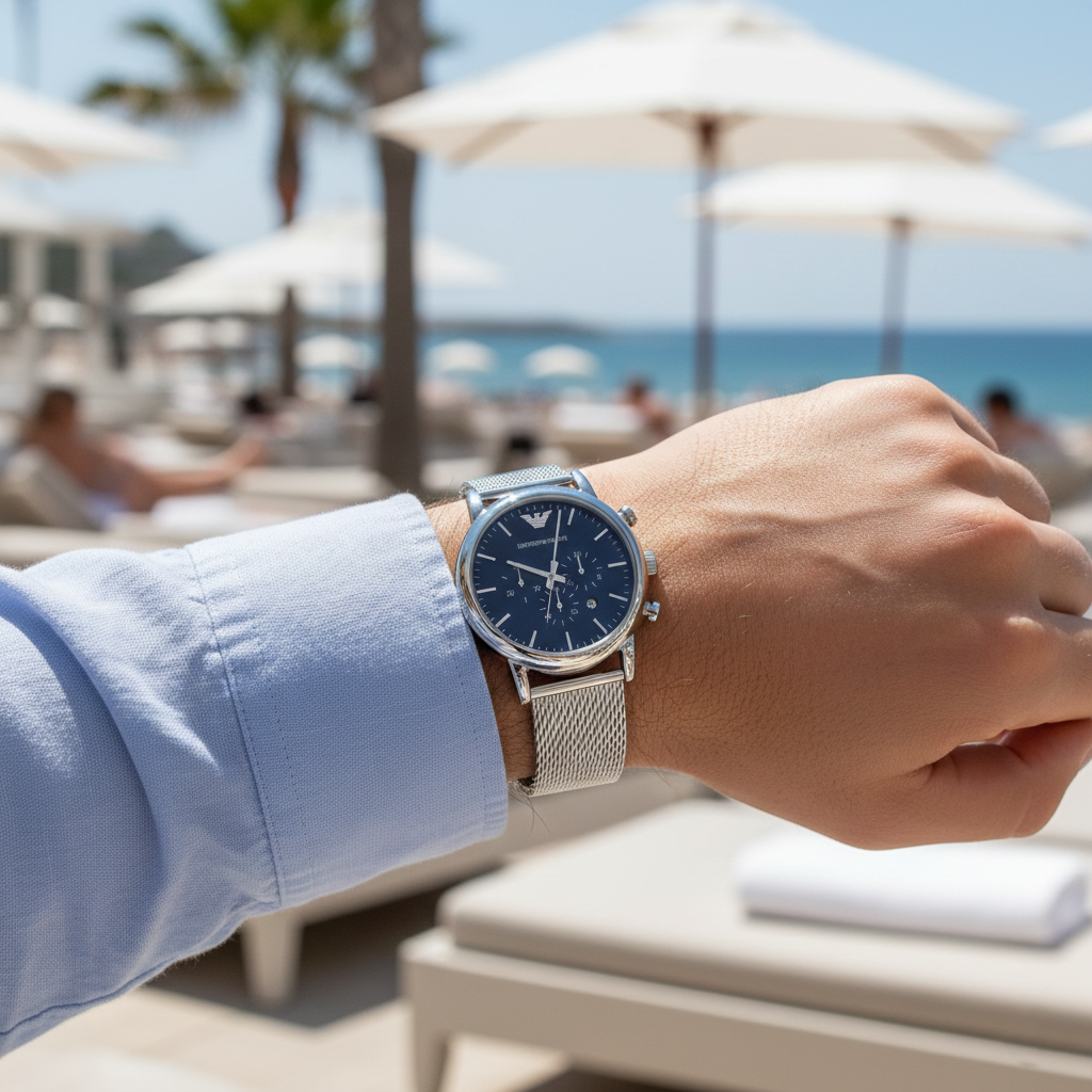 Relaxed man wearing Emporio Armani AR80038 blue mesh watch with linen shirt
