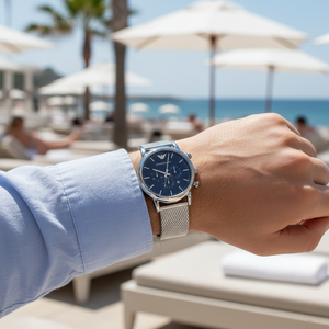 Relaxed man wearing Emporio Armani AR80038 blue mesh watch with linen shirt