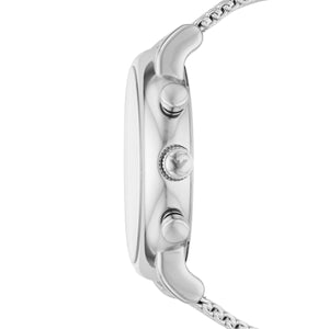 Side view of Emporio Armani AR80038 showing polished silver case and chronograph pushers