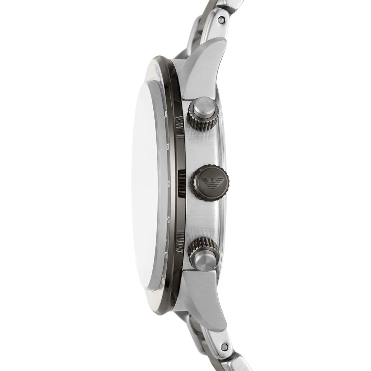 Angled front view of Emporio Armani AR11391 showing the tachymeter bezel with blue text