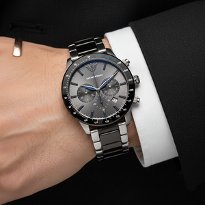 Extreme wrist macro of Armani AR11391 grey dial showing blue chronograph hands