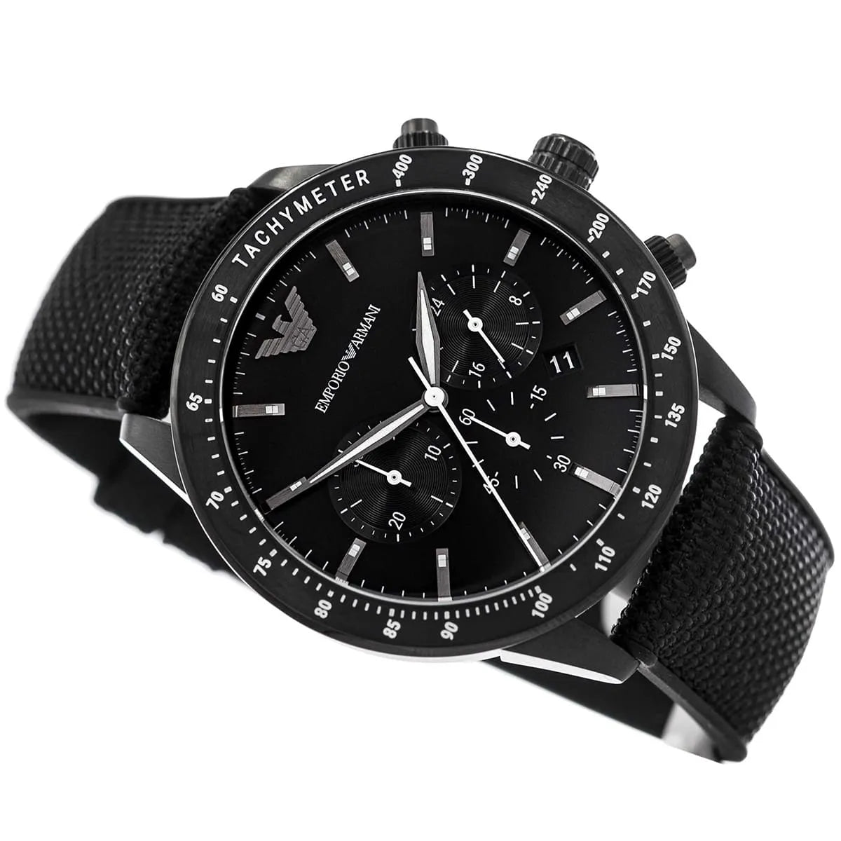 Angled view of AR11453 showing the tachymeter bezel and depth of the black dial