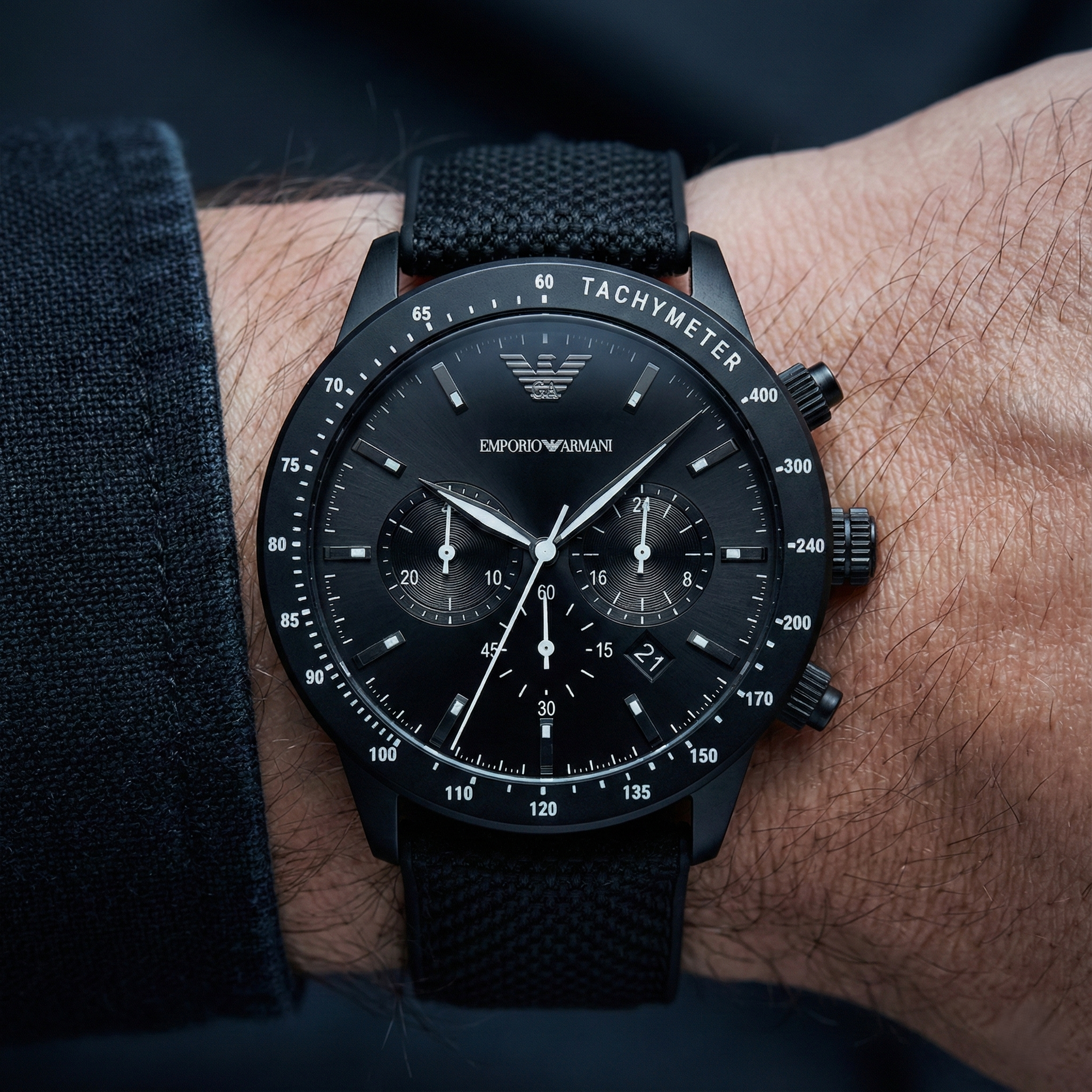 Close-up of Armani AR11453 showing woven black fabric strap and chronograph dial