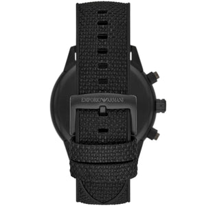 Emporio Armani Mario AR11453 all-black watch on wrist showing sporty style