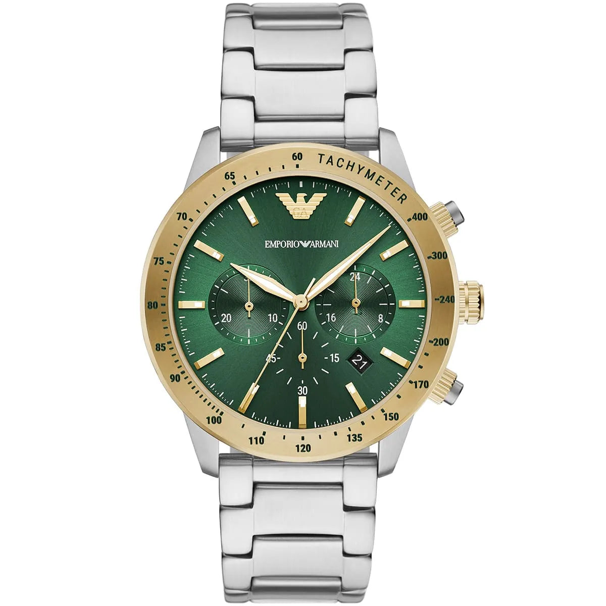 Emporio Armani AR11454 Mario Men's Watch Green Dial Gold Bezel Silver Stainless Steel