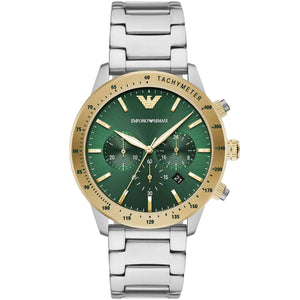 Emporio Armani AR11454 Mario Men's Watch Green Dial Gold Bezel Silver Stainless Steel