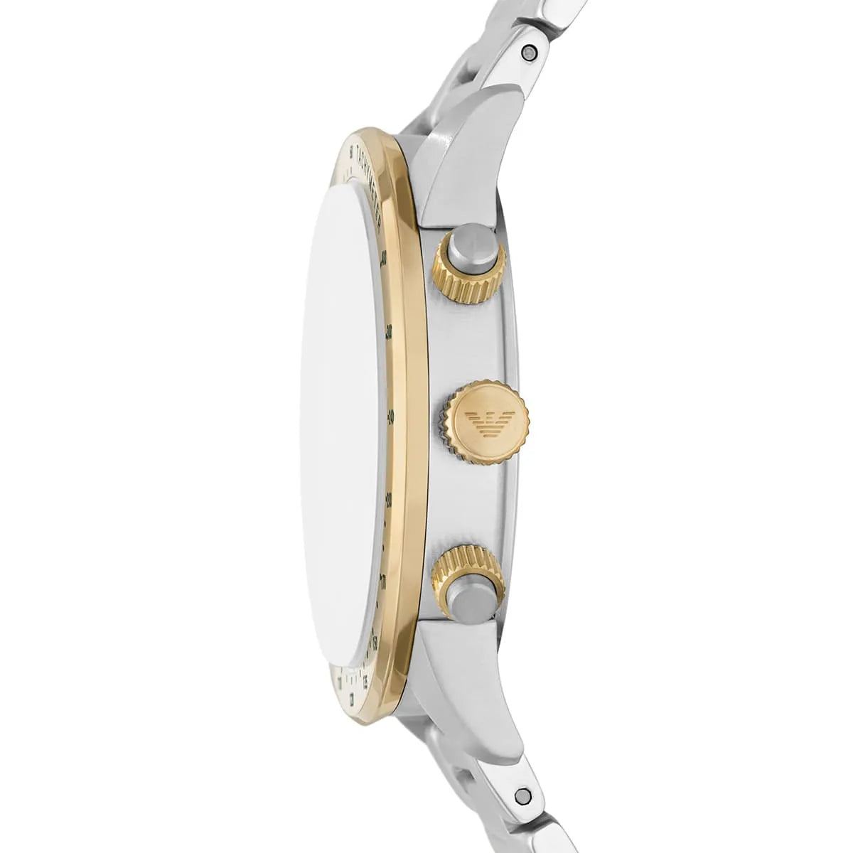 Side view of Emporio Armani AR11454 showing silver case with gold crown and pushers
