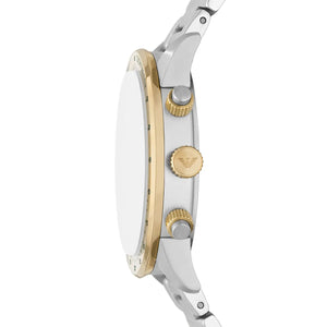 Side view of Emporio Armani AR11454 showing silver case with gold crown and pushers