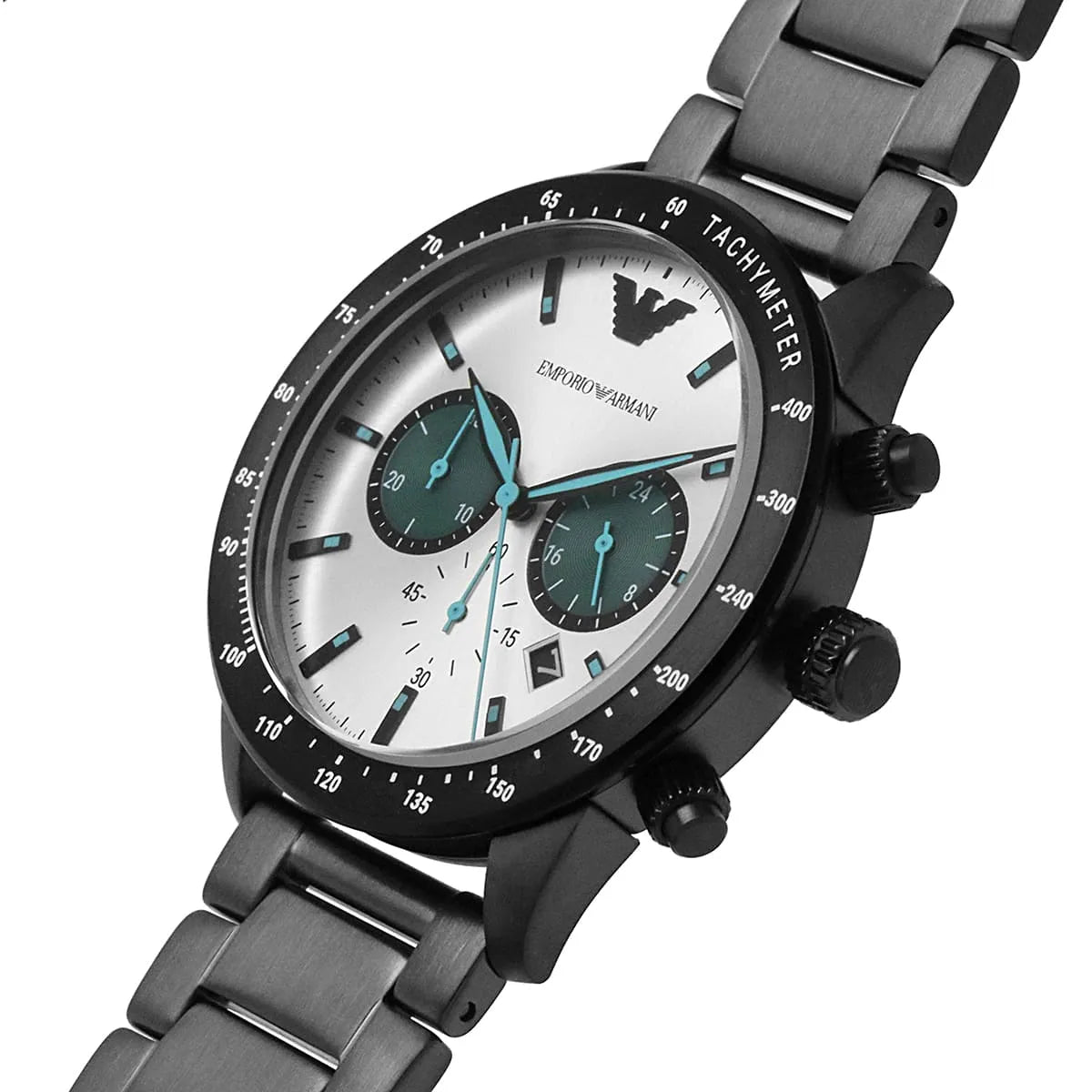 Angled shot of AR11471 showing the black tachymeter bezel and teal hands