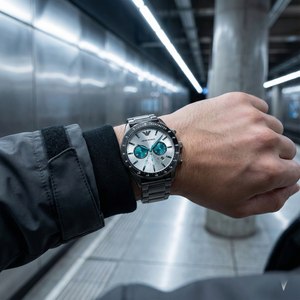 Modern man wearing Emporio Armani AR11471 gunmetal watch with teal accents and grey jacket