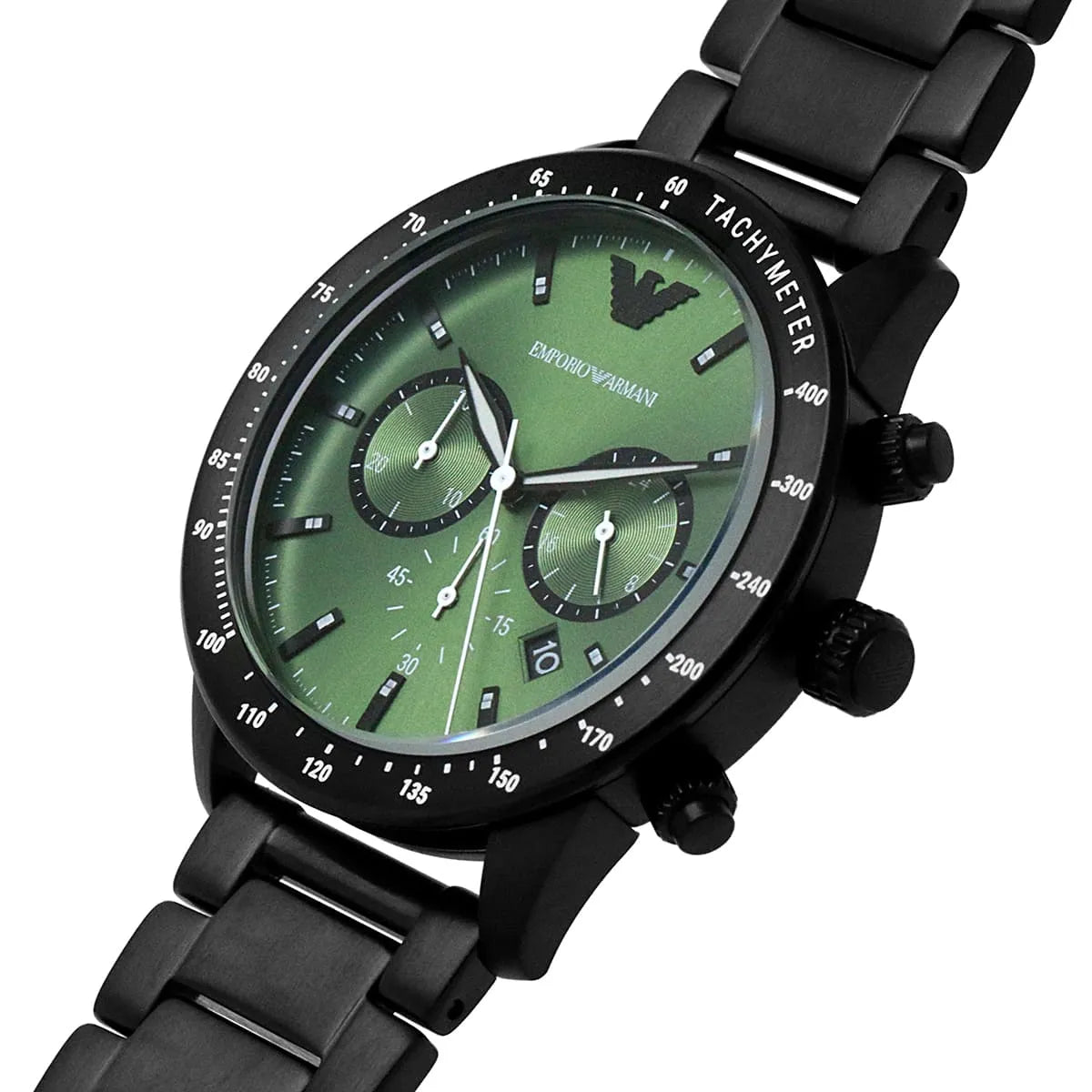 Angled front view of Emporio Armani AR11472 showing black tachymeter bezel and green dial