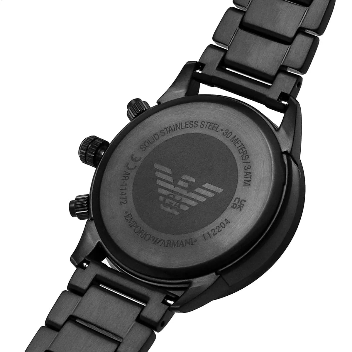 Back case of Emporio Armani AR11472 with engraved eagle logo and serial number