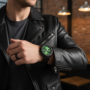 Modern man wearing Emporio Armani AR11472 with black leather jacket and black ring