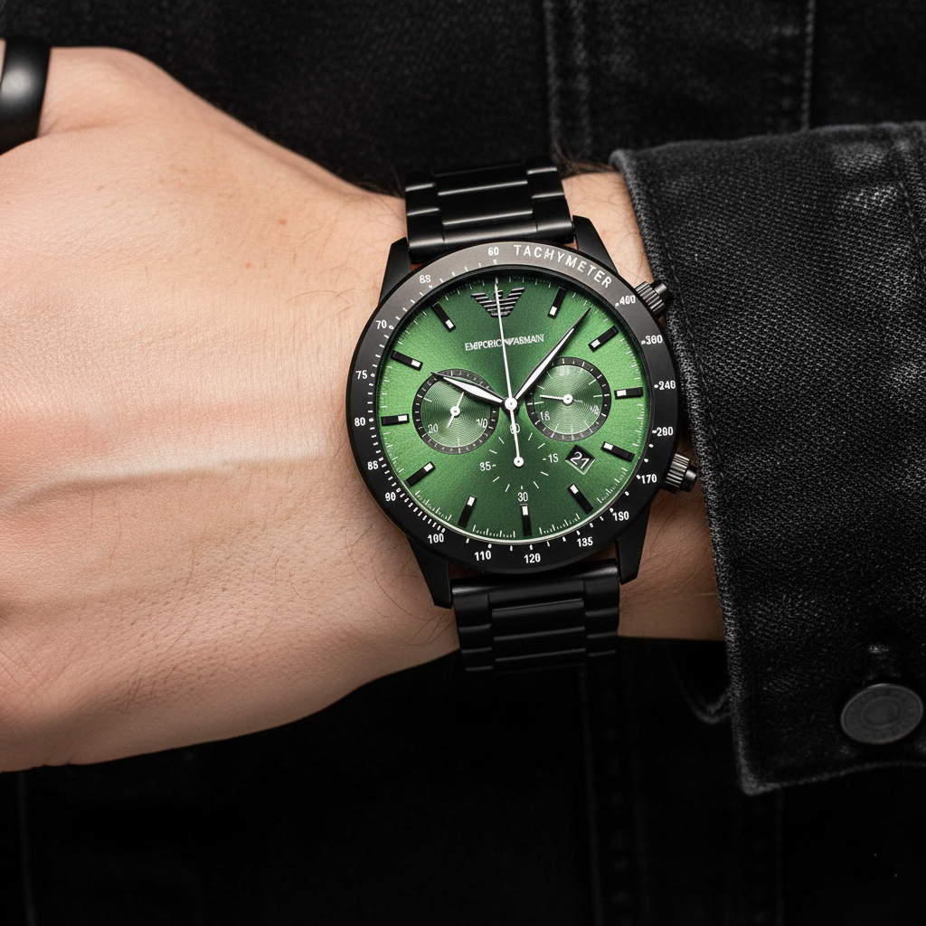 Extreme wrist macro of Armani AR11472 green dial and black tachymeter bezel
