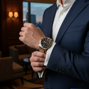 Gentleman wearing Emporio Armani AR11521 two-tone watch with navy blue suit