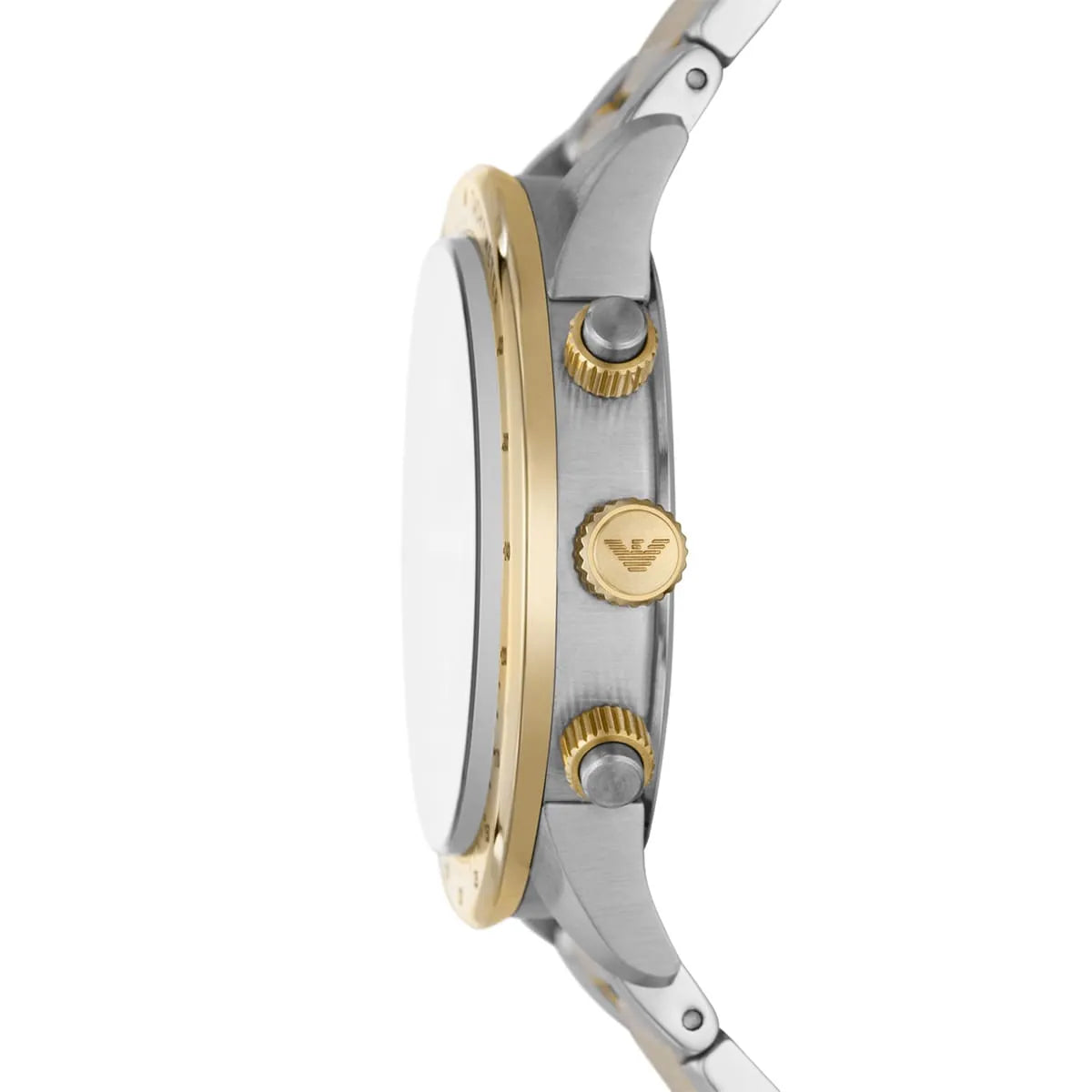 Side view of Emporio Armani AR11521 showing silver case and gold-tone crown