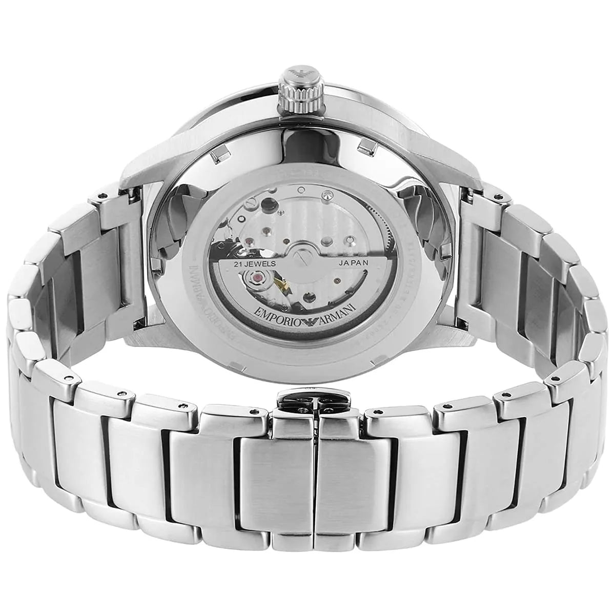 Side view and stainless steel deployment clasp with Armani logo for the AR60052 watch