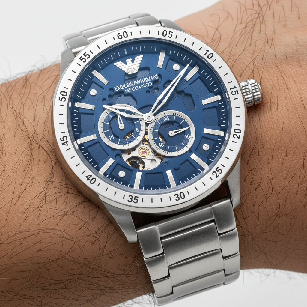 Close up of the AR60052 deep blue skeleton dial showing the intricate automatic movement and sub-dials