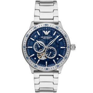 Emporio Armani Mario AR60052 men's Meccanico automatic skeleton watch with blue dial and silver strap