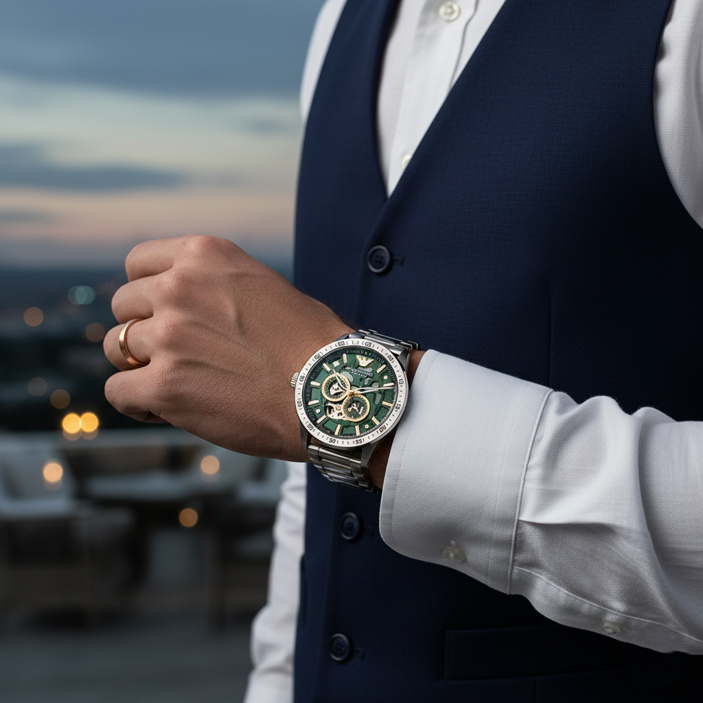 Detailed shot of the gold-tone hands and eagle logo on the dark green AR60053 dial