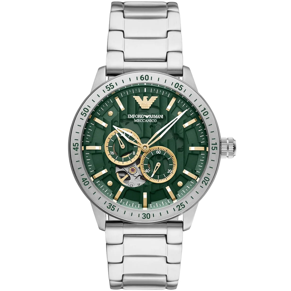 Emporio Armani Mario AR60053 men's automatic skeleton watch with green dial and gold-tone accents