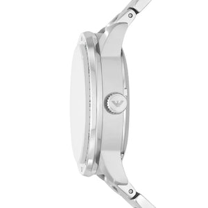 Side view of the polished silver stainless steel case and crown on the Armani Mario AR60053