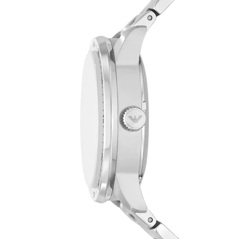 Side view of the polished silver stainless steel case and crown on the Armani Mario AR60053