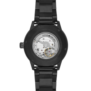 Exhibition case back of the Armani AR60054 showing the black automatic movement engine