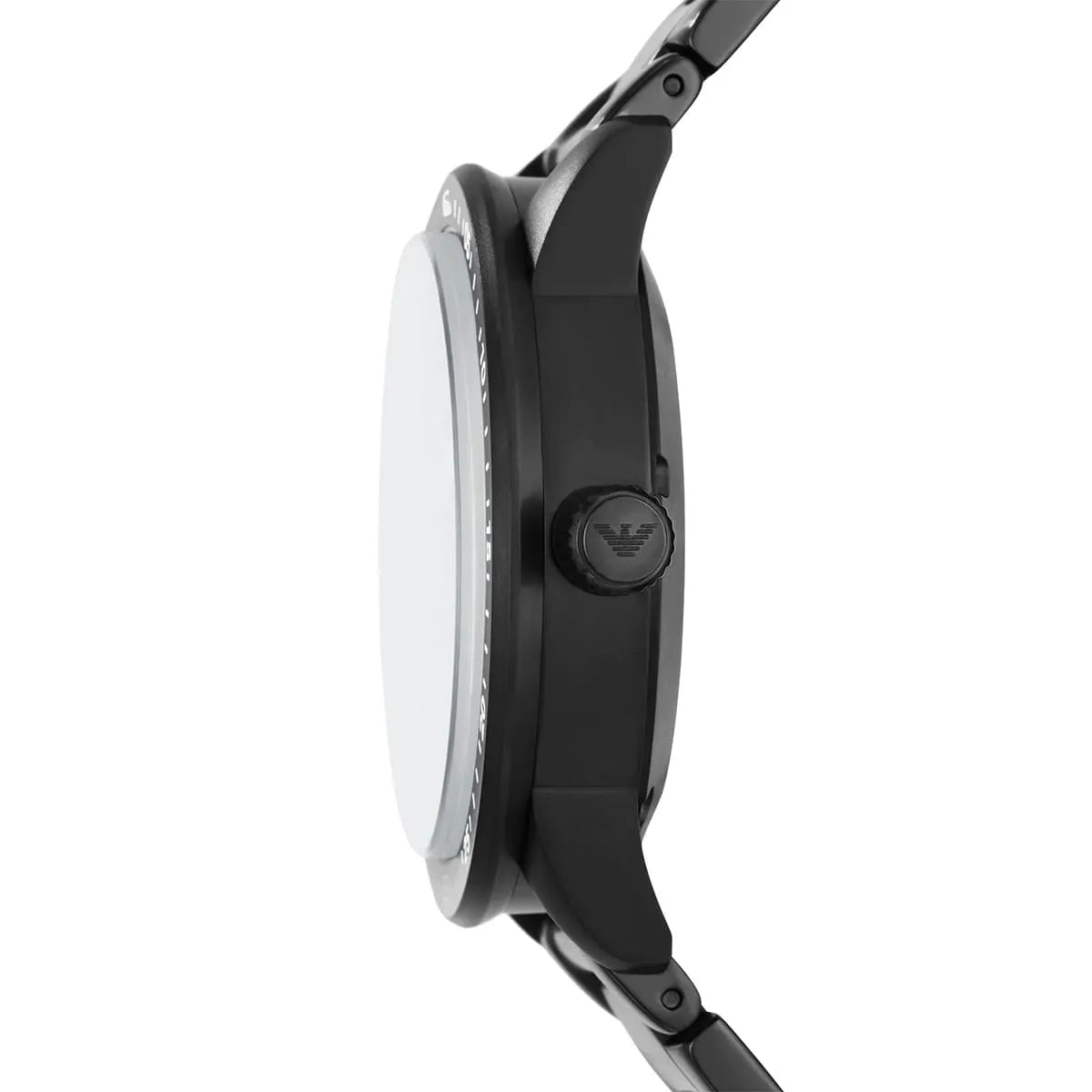 Side view of the black ion-plated case and textured crown of the Emporio Armani Mario watch