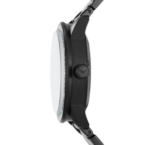 Side view of the black ion-plated case and textured crown of the Emporio Armani Mario watch