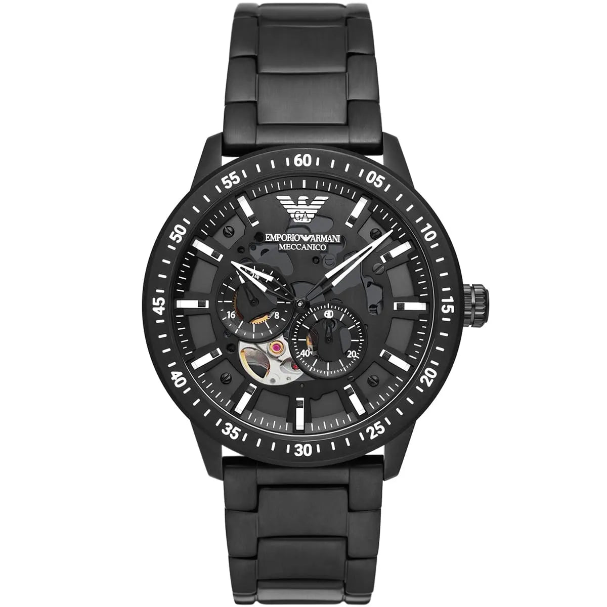 Emporio Armani Mario AR60054 men's Meccanico automatic skeleton watch in all-black stainless steel