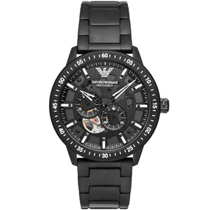 Emporio Armani Mario AR60054 men's Meccanico automatic skeleton watch in all-black stainless steel