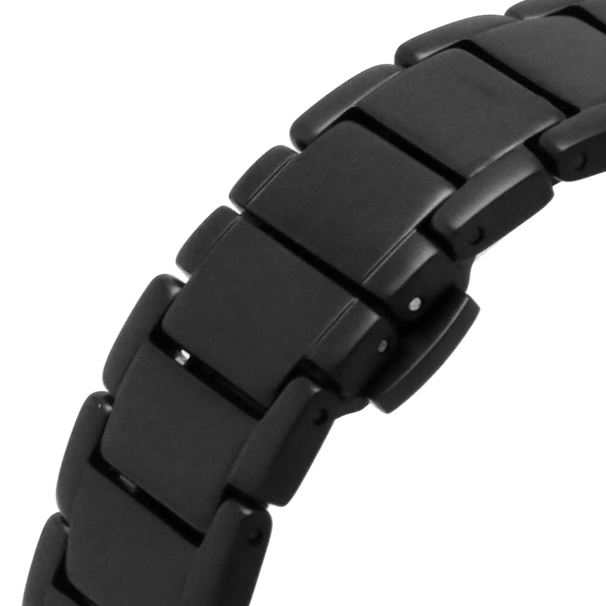 Detailed view of the black ion-plated stainless steel link bracelet for the AR60054