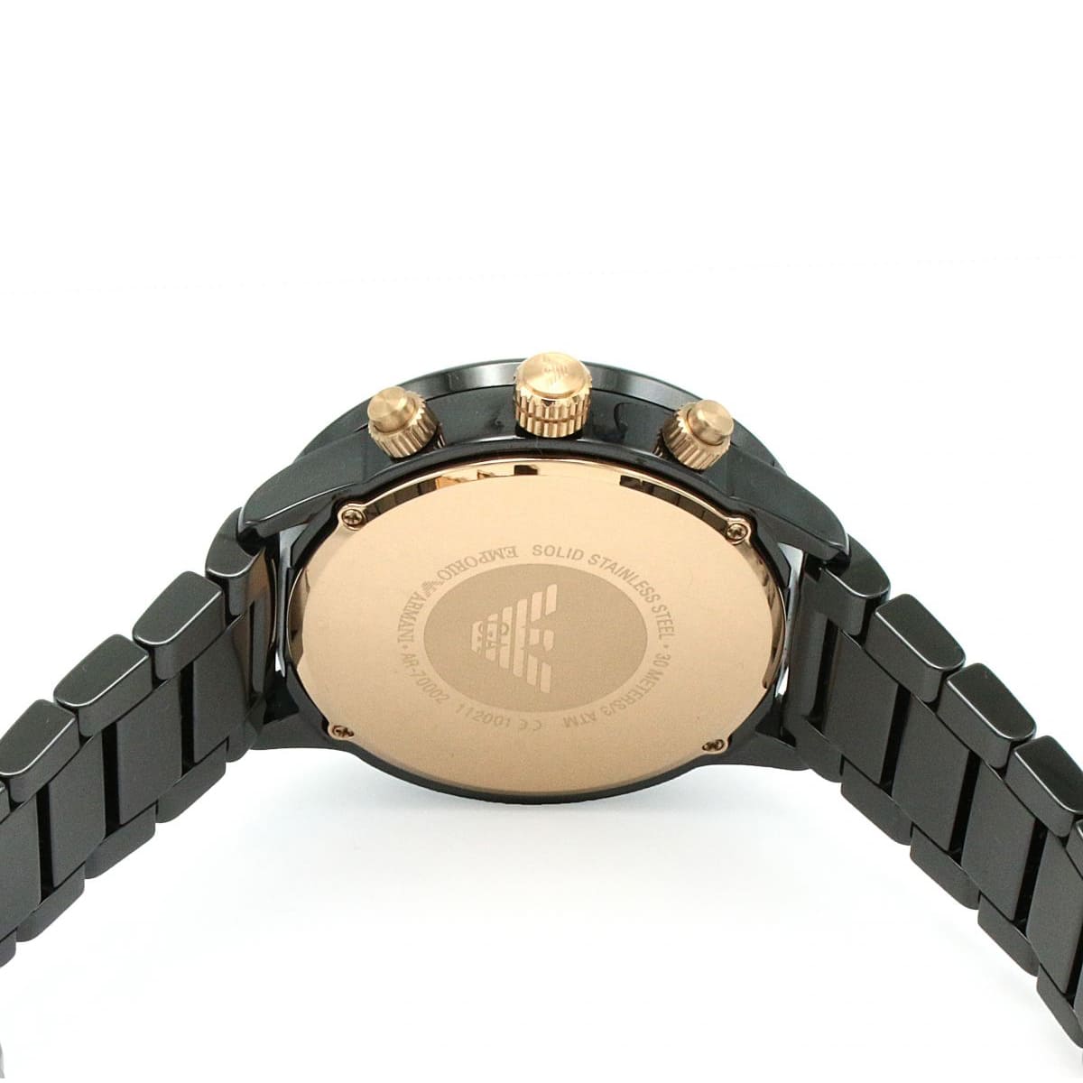 Back case of Emporio Armani AR70002 with engraved eagle logo and serial number