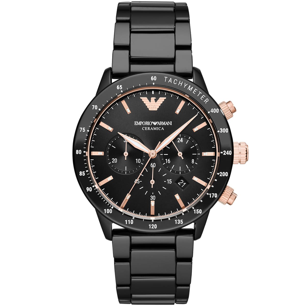 Emporio Armani AR70002 Mario Men's Watch Black Ceramic Rose Gold Chronograph
