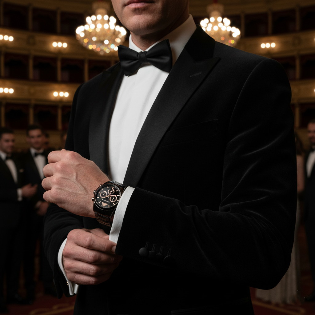 Luxury man wearing Emporio Armani AR70002 black ceramic watch with velvet blazer