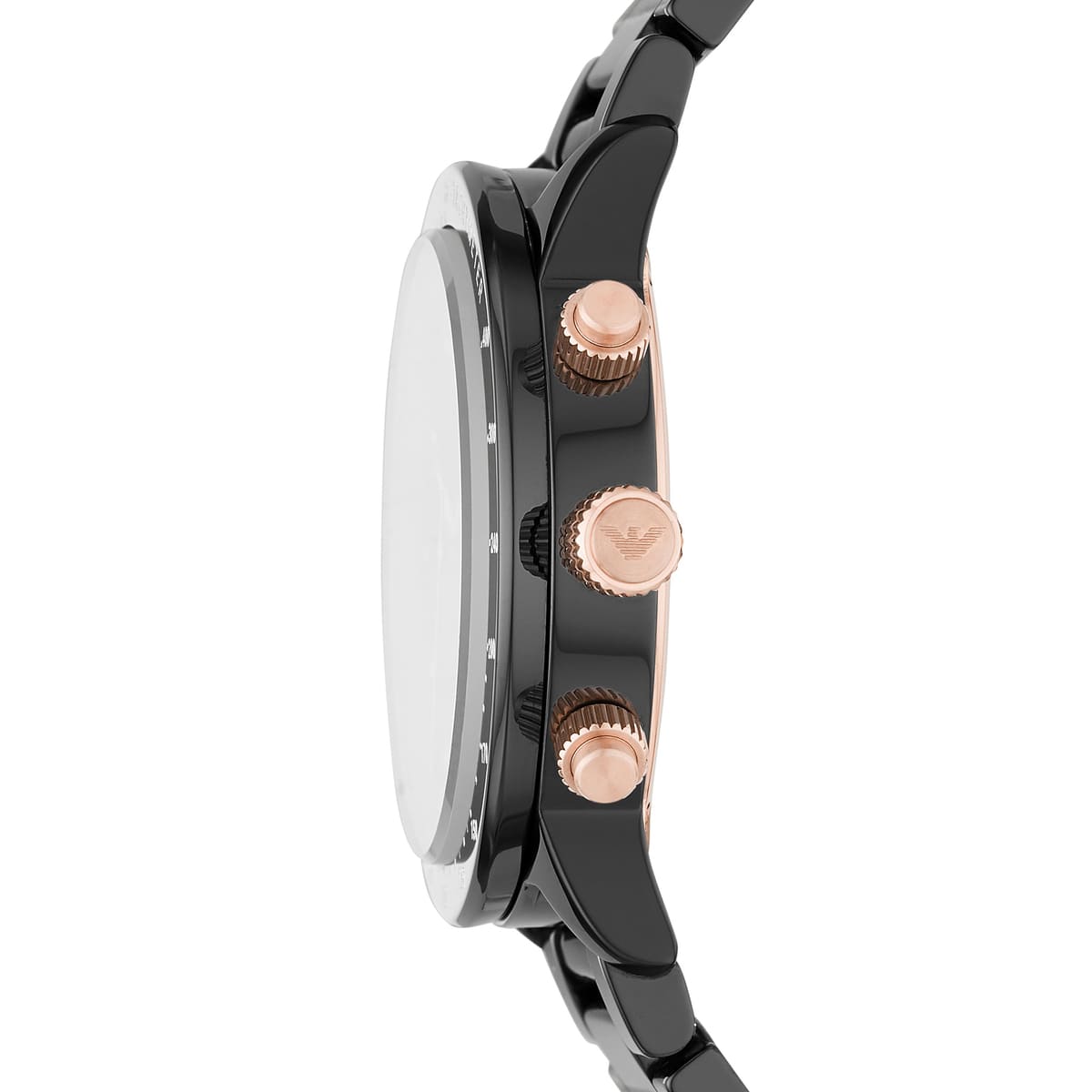 Side view of Emporio Armani AR70002 showing glossy ceramic case and rose gold buttons