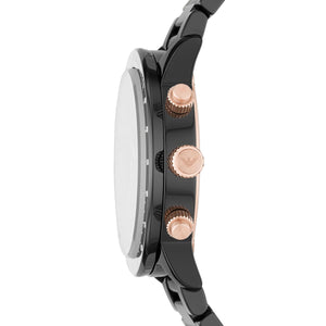 Side view of Emporio Armani AR70002 showing glossy ceramic case and rose gold buttons