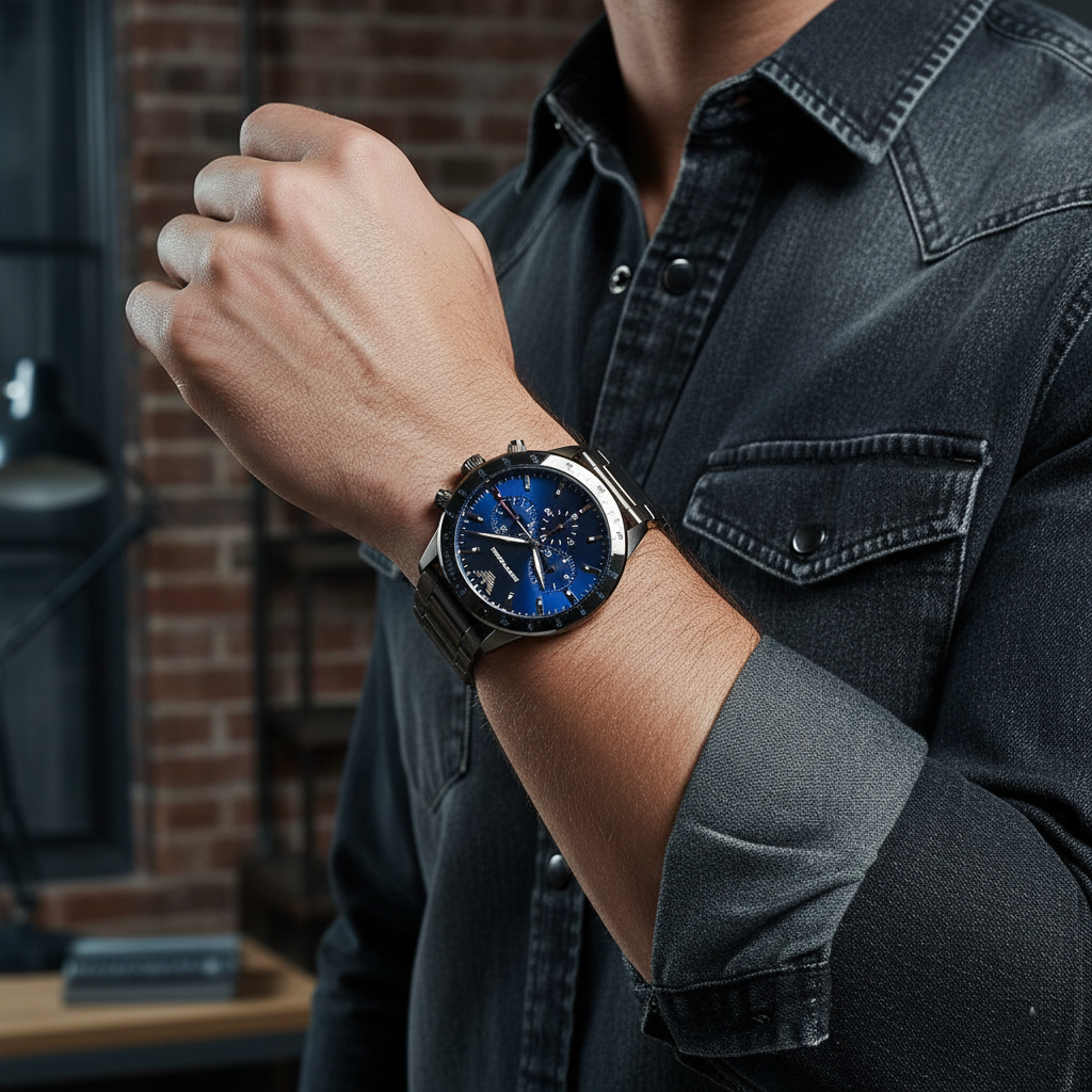 Stylish man wearing Emporio Armani AR80045 heavy gunmetal watch with dark denim shirt