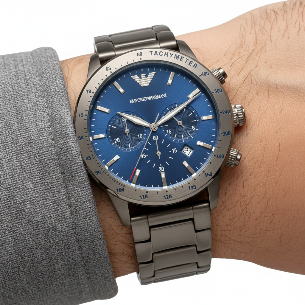 Extreme wrist macro of Armani AR80045 showing blue sunray dial and gunmetal finish