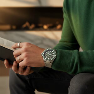 Detailed view of the green unidirectional rotating timing bezel on the Emporio Armani AR60061