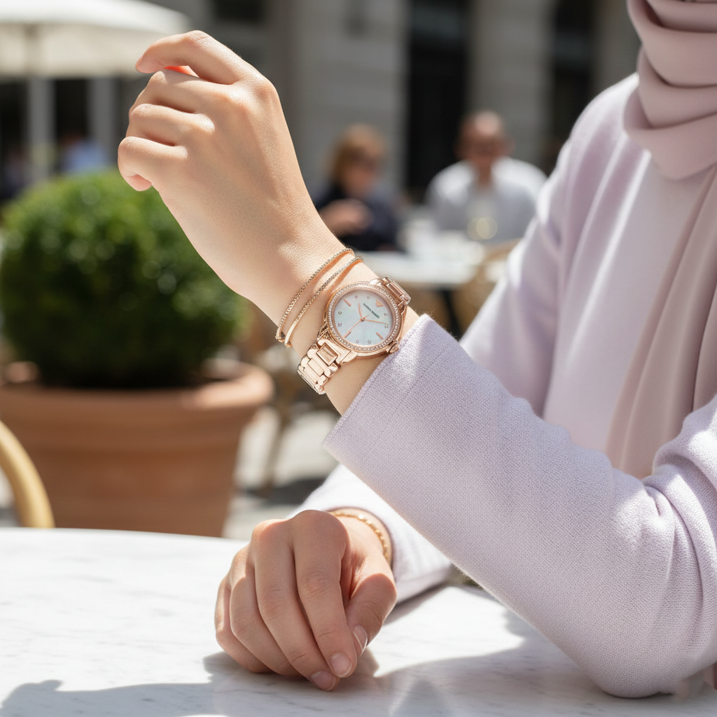 Stylish hijabi woman wearing Emporio Armani AR11523 rose gold watch with pastel outfit