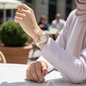 Stylish hijabi woman wearing Emporio Armani AR11523 rose gold watch with pastel outfit