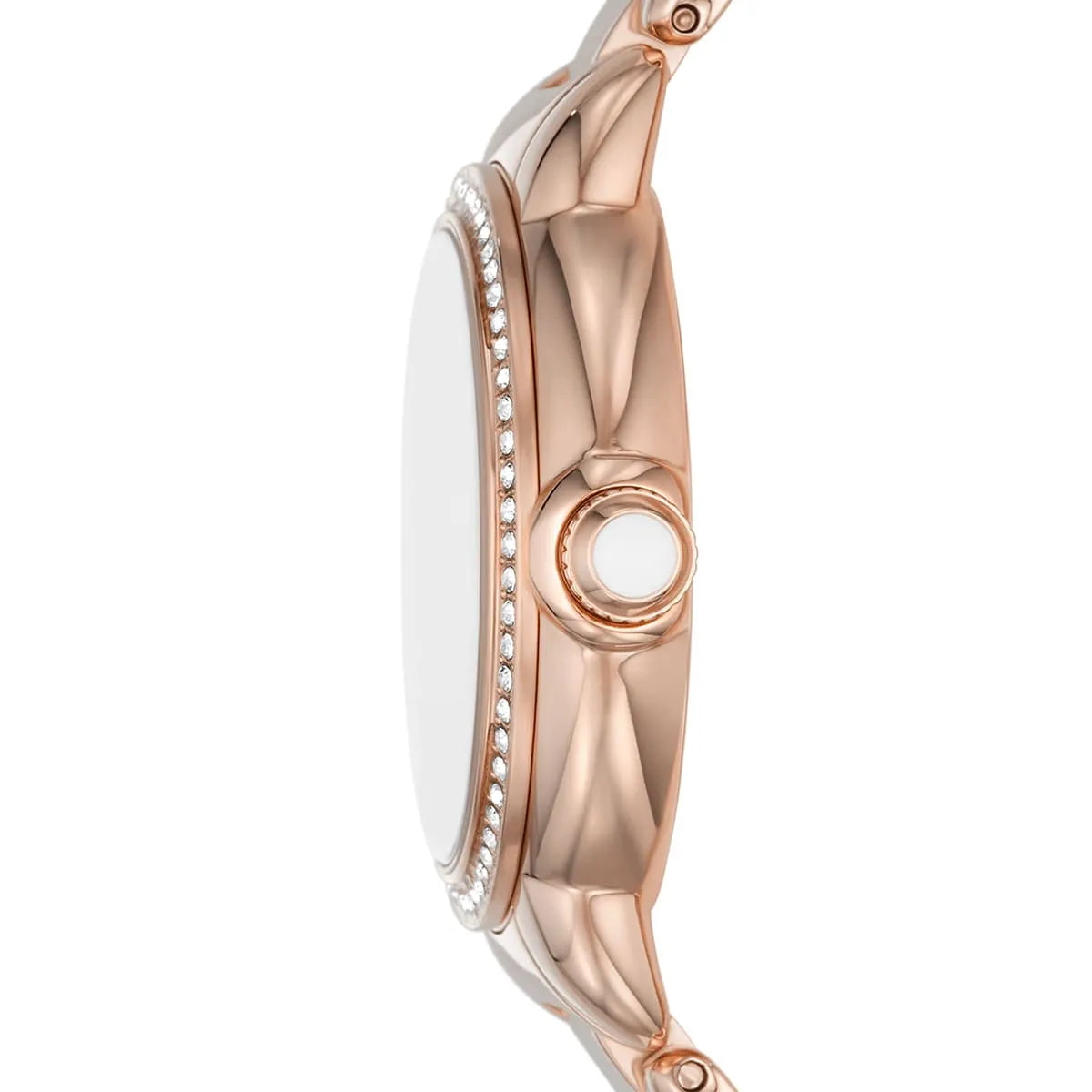 Side view of Emporio Armani AR11523 showing slim rose gold case and cabochon crown