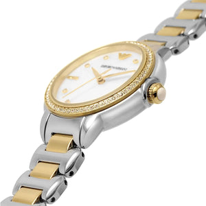 Angled front view of Emporio Armani AR11524 showing iridescent MOP dial and crystals