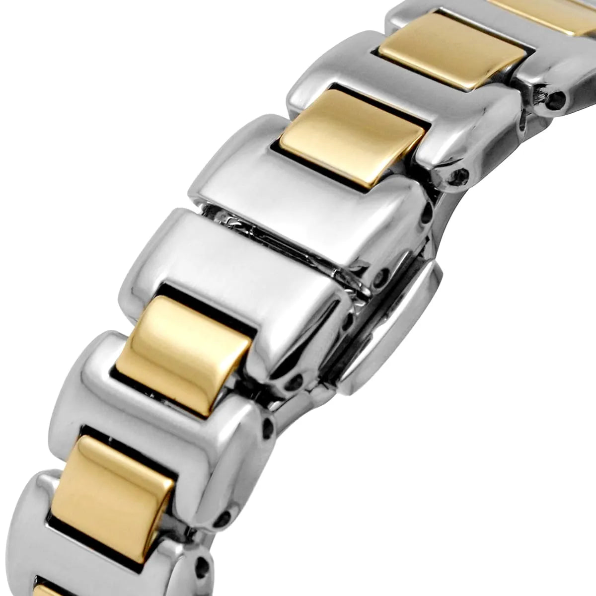 Detailed view of polished silver and gold stainless steel link bracelet for AR11524